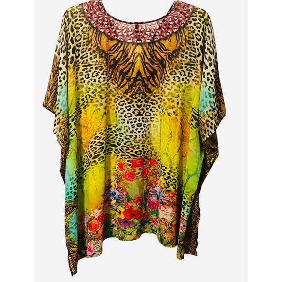 WHITE MARK KIMONO PULL-OVER TIE-UP NECK CAFTAN BLOUSE, WOMENS, 2XL, MULTICOLORS - Picture 5 of 9